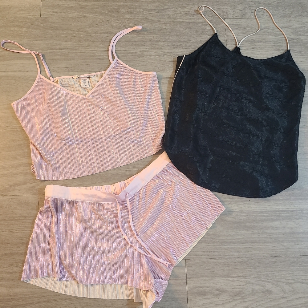 Victoria's Secret 3 Piece Womens S/M Pink and Black Intimates Set Metallic